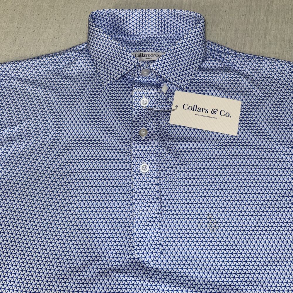 Collars & Co Golf Polo Blue Geometric AOP Size Small NWT